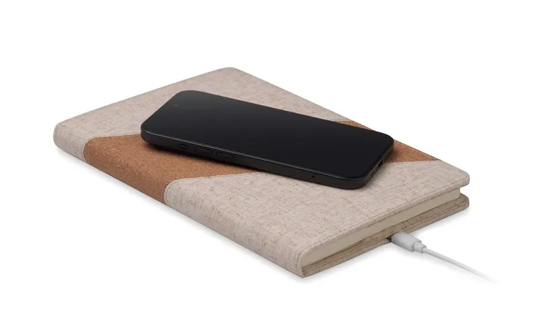 Cortona A5 Notebook with 15W Wireless Charger – Cotton & Cork Cover, 128-Page Refill