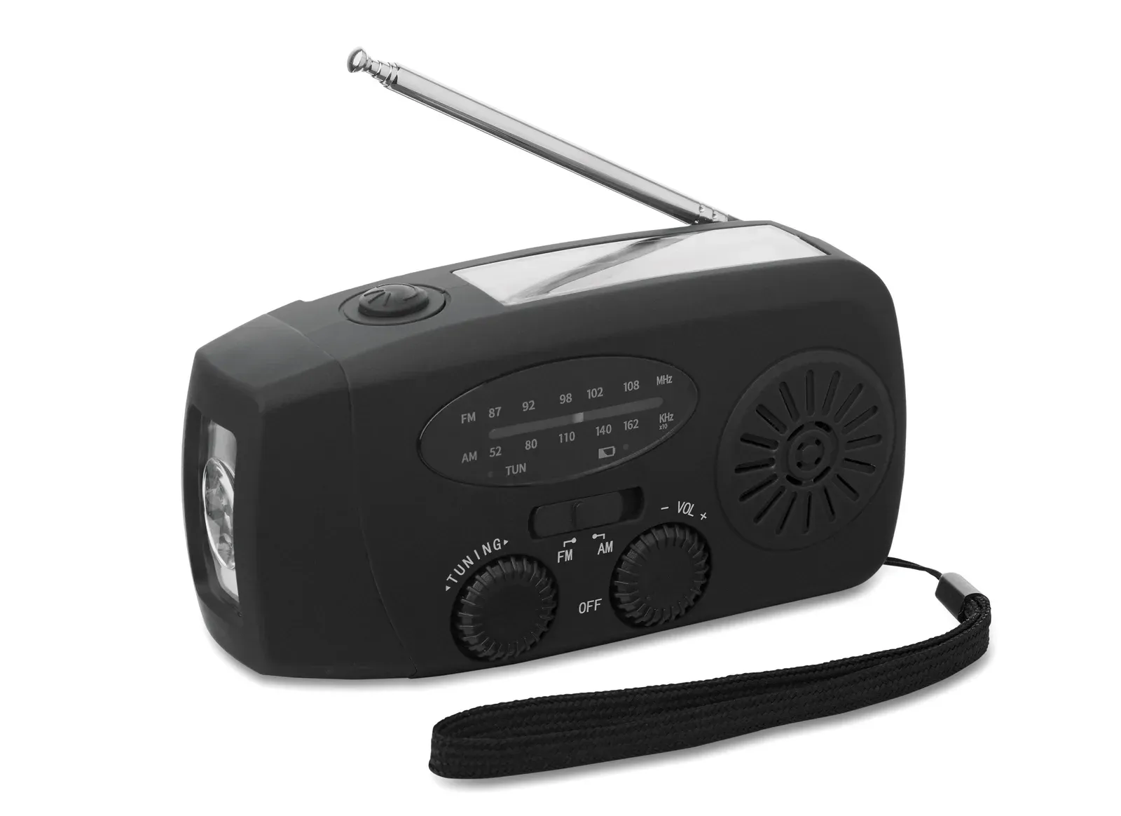 Onda Portable AM/FM Radio with LED Torch – Solar & Hand-Crank Powered — Black