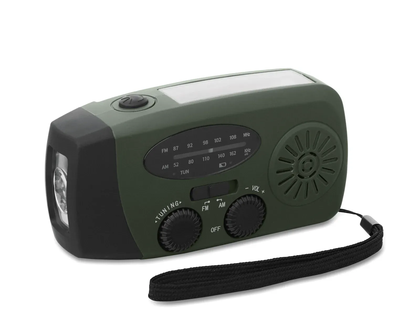 Onda Portable AM/FM Radio with LED Torch – Solar & Hand-Crank Powered — Dark Green