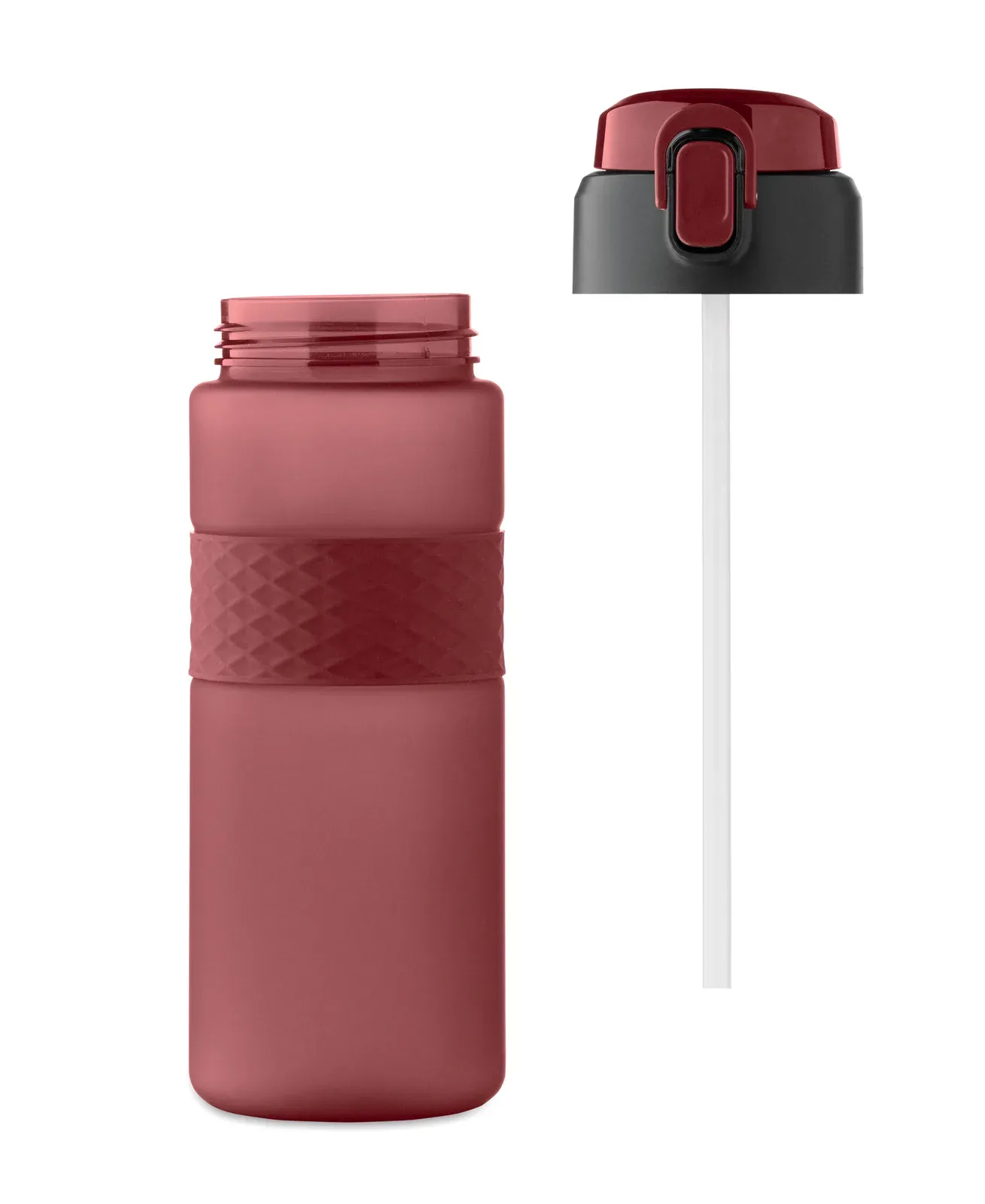 Isjforden – Drinking Bottle Made from RPET with Silicone Grip, PP Flip-Top Lid and Safety Lock; Including Integrated Straw — Burgundy