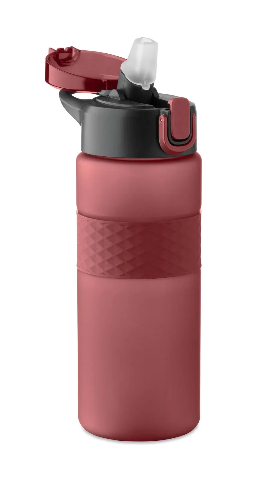 Isjforden – Drinking Bottle Made from RPET with Silicone Grip, PP Flip-Top Lid and Safety Lock; Including Integrated Straw — Burgundy