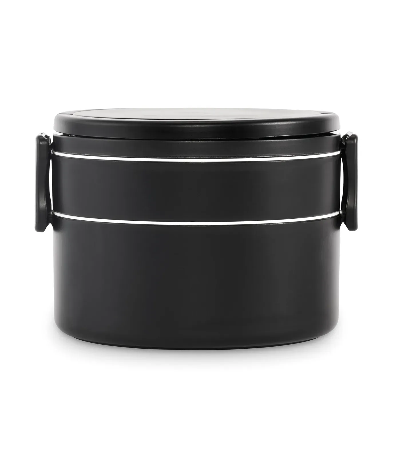 Ensala – Two-Tier Round Lunch Box Made of PP with Side Clip Closure and Handles; Includes Inner Lids in White — Black
