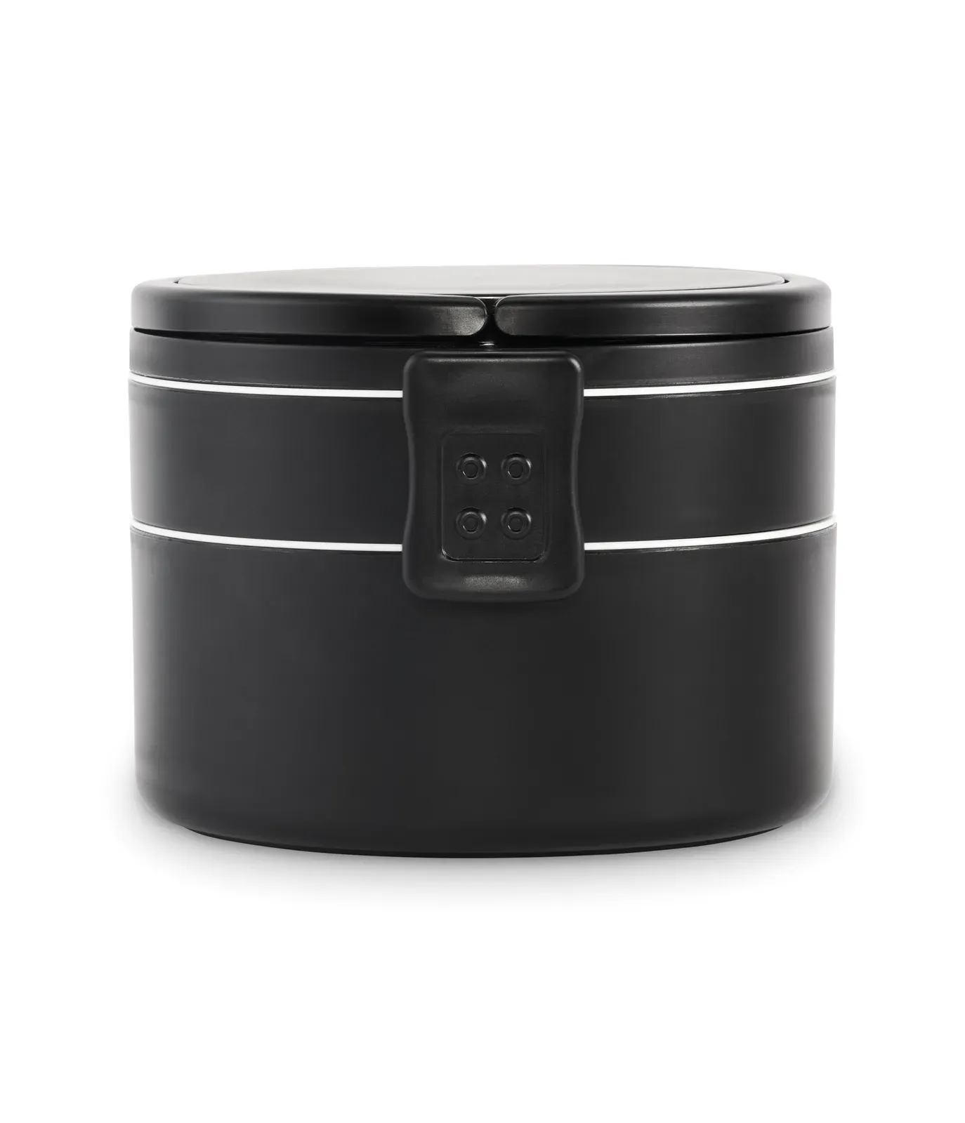 Ensala – Two-Tier Round Lunch Box Made of PP with Side Clip Closure and Handles; Includes Inner Lids in White — Black