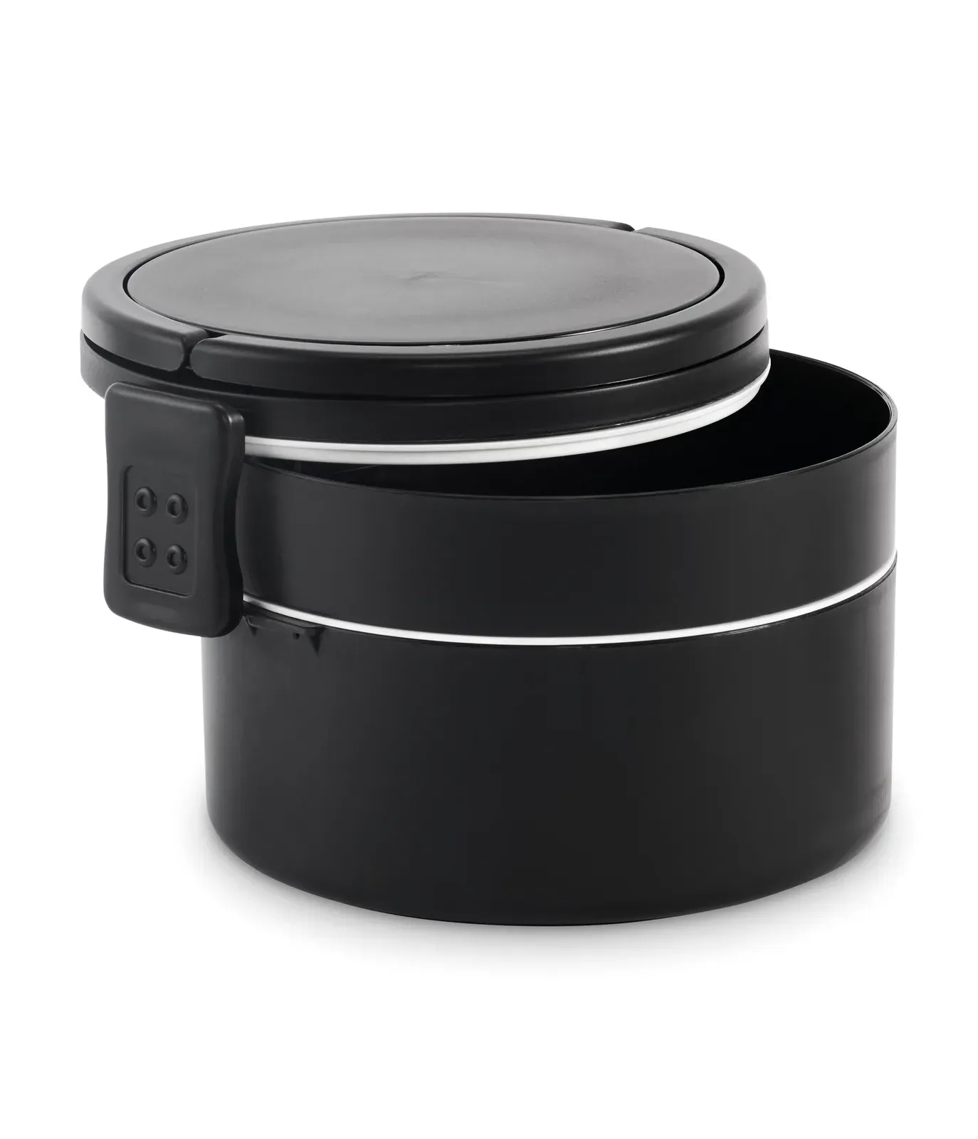 Ensala – Two-Tier Round Lunch Box Made of PP with Side Clip Closure and Handles; Includes Inner Lids in White — Black