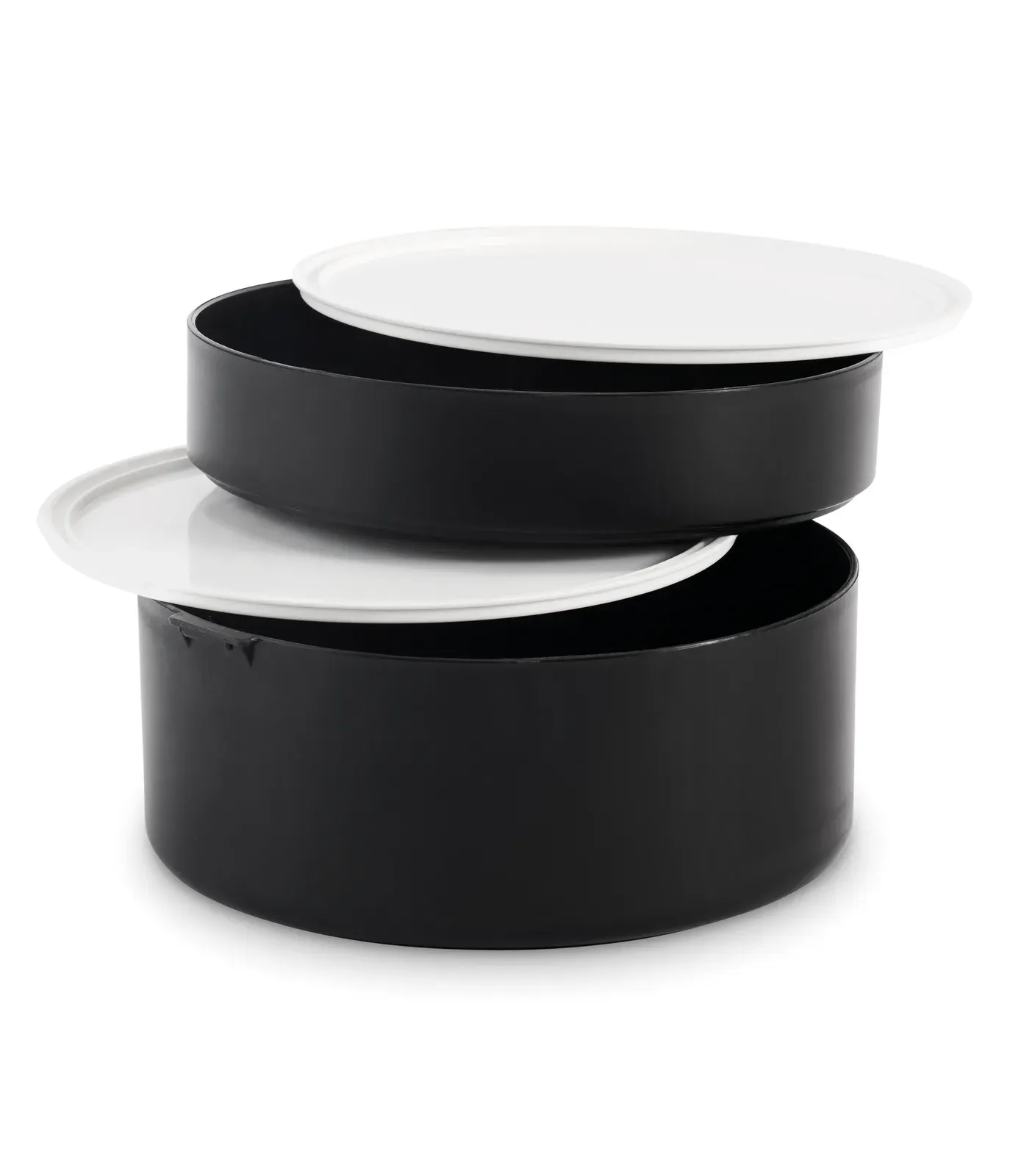 Ensala – Two-Tier Round Lunch Box Made of PP with Side Clip Closure and Handles; Includes Inner Lids in White — Black