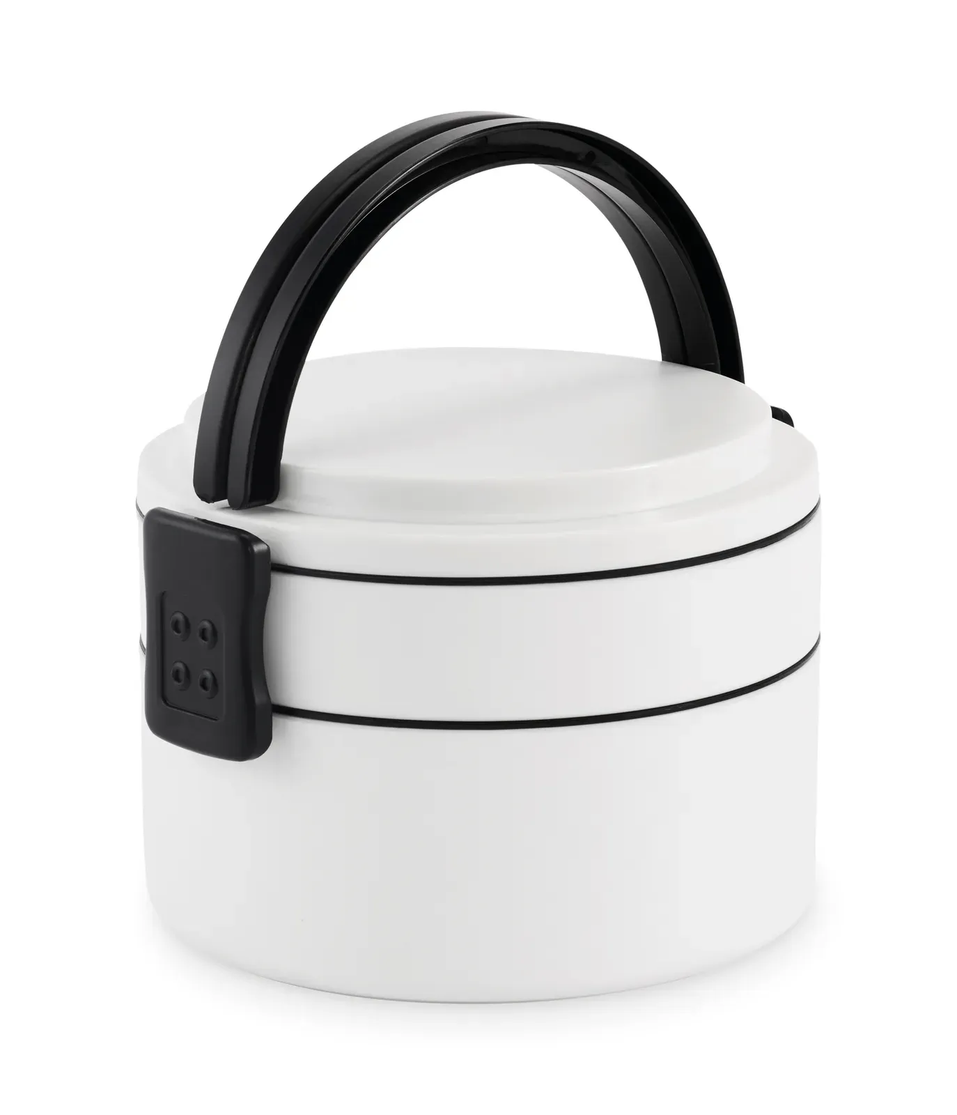 Ensala – Two-Tier Round Lunch Box Made of PP with Side Clip Closure and Handles; Includes Inner Lids in White — White