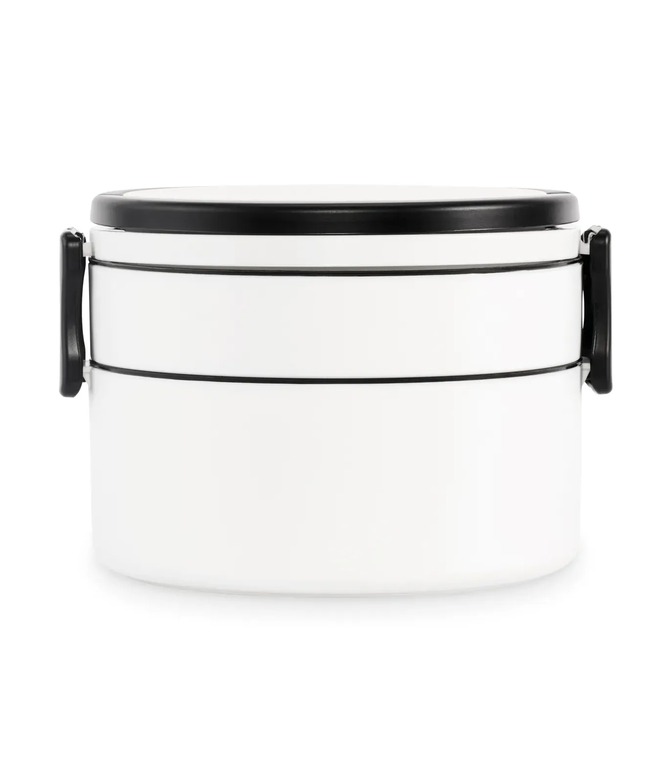 Ensala – Two-Tier Round Lunch Box Made of PP with Side Clip Closure and Handles; Includes Inner Lids in White — White