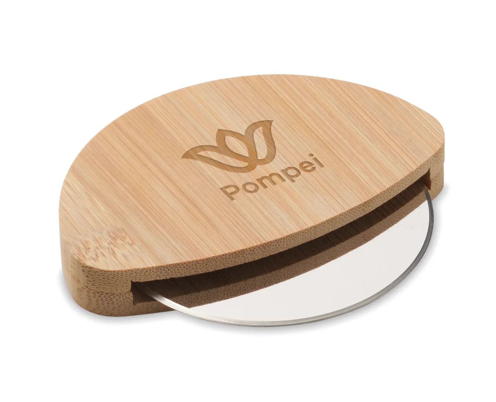 Napol – Round Pizza Cutter with Bamboo Handle and Stainless Steel Blade; Features Transparent White Silicone Protection — Wood
