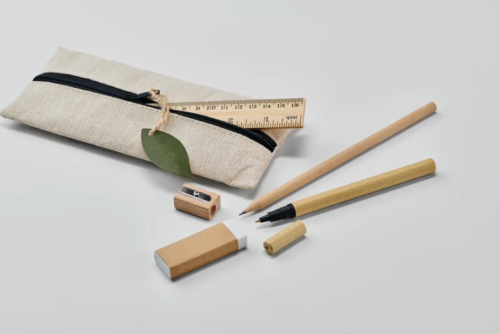Jucoset Stationery Set – Jute Pouch, Wooden Ruler, Pencil & Sharpener — Black