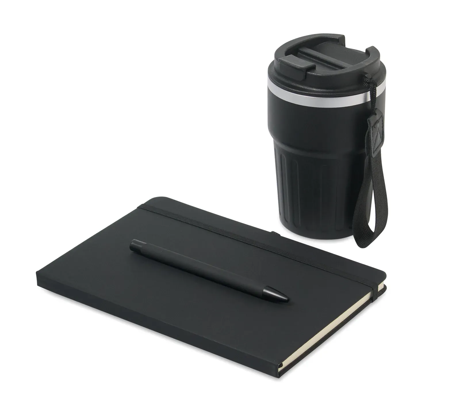 Engage 3-Piece Gift Set – Recycled Aluminium Notebook, Pen & 350ml Tumbler in Gift Box — Black