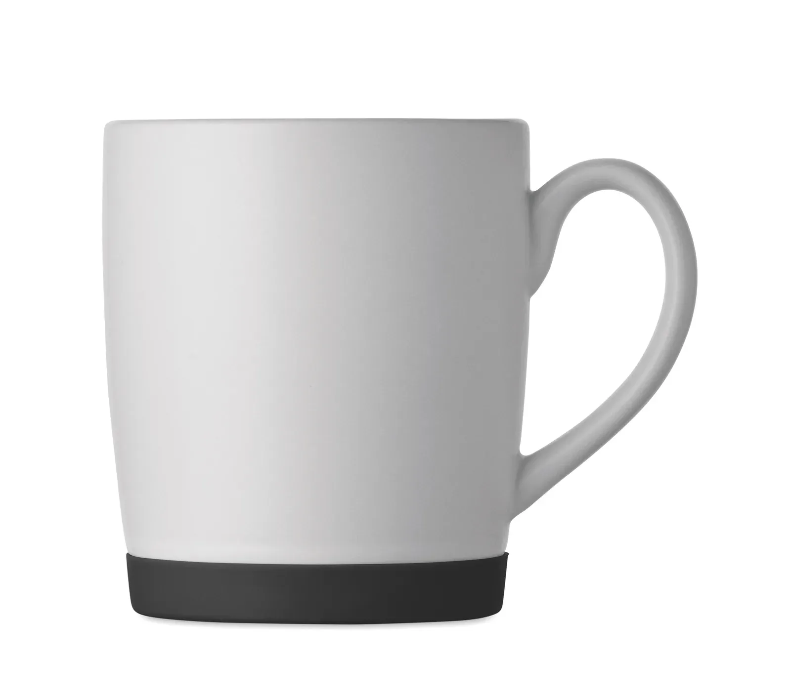 Silbase – Ceramic Mug with White Matt Finish and Silicone Base for Stability; Individual Packing in White Carton Box — Black