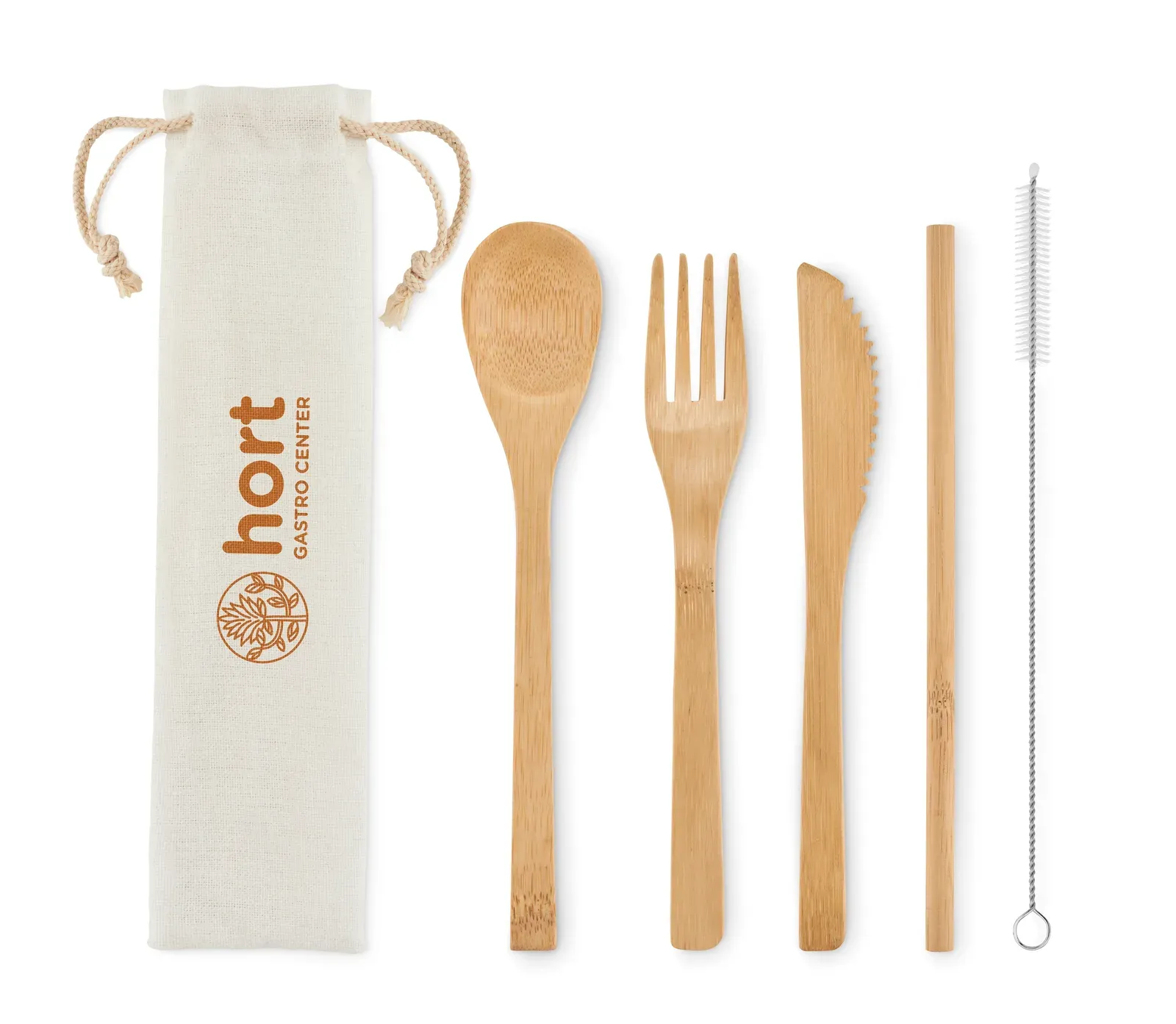 Setstraw – Re-Usable Stainless Steel and Beech Wood Handle Cutlery Set in Canvas Pouch; Includes Knife, Fork, Spoon — Beige
