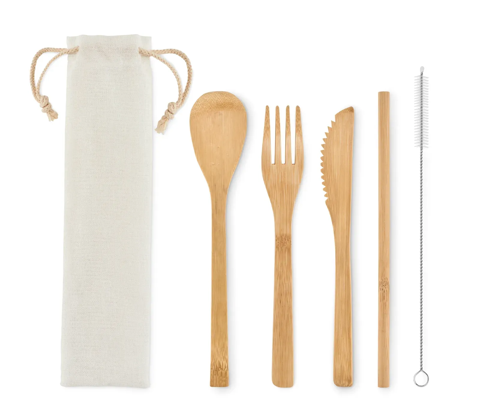 Setstraw – Re-Usable Stainless Steel and Beech Wood Handle Cutlery Set in Canvas Pouch; Includes Knife, Fork, Spoon — Beige