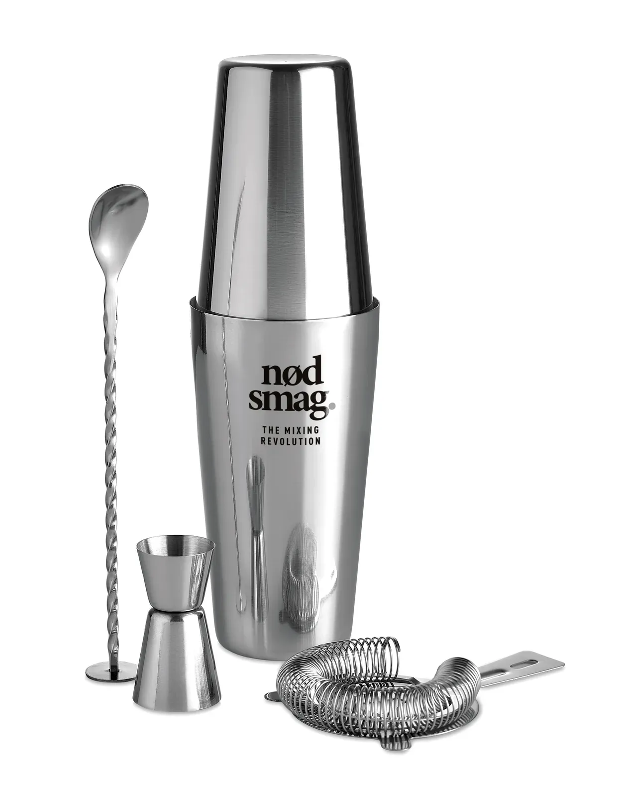 Boston – Stainless Steel Cocktail Set with Shaker, Measuring Jug and Sieve in Cotton Pouch — Shiny Silver