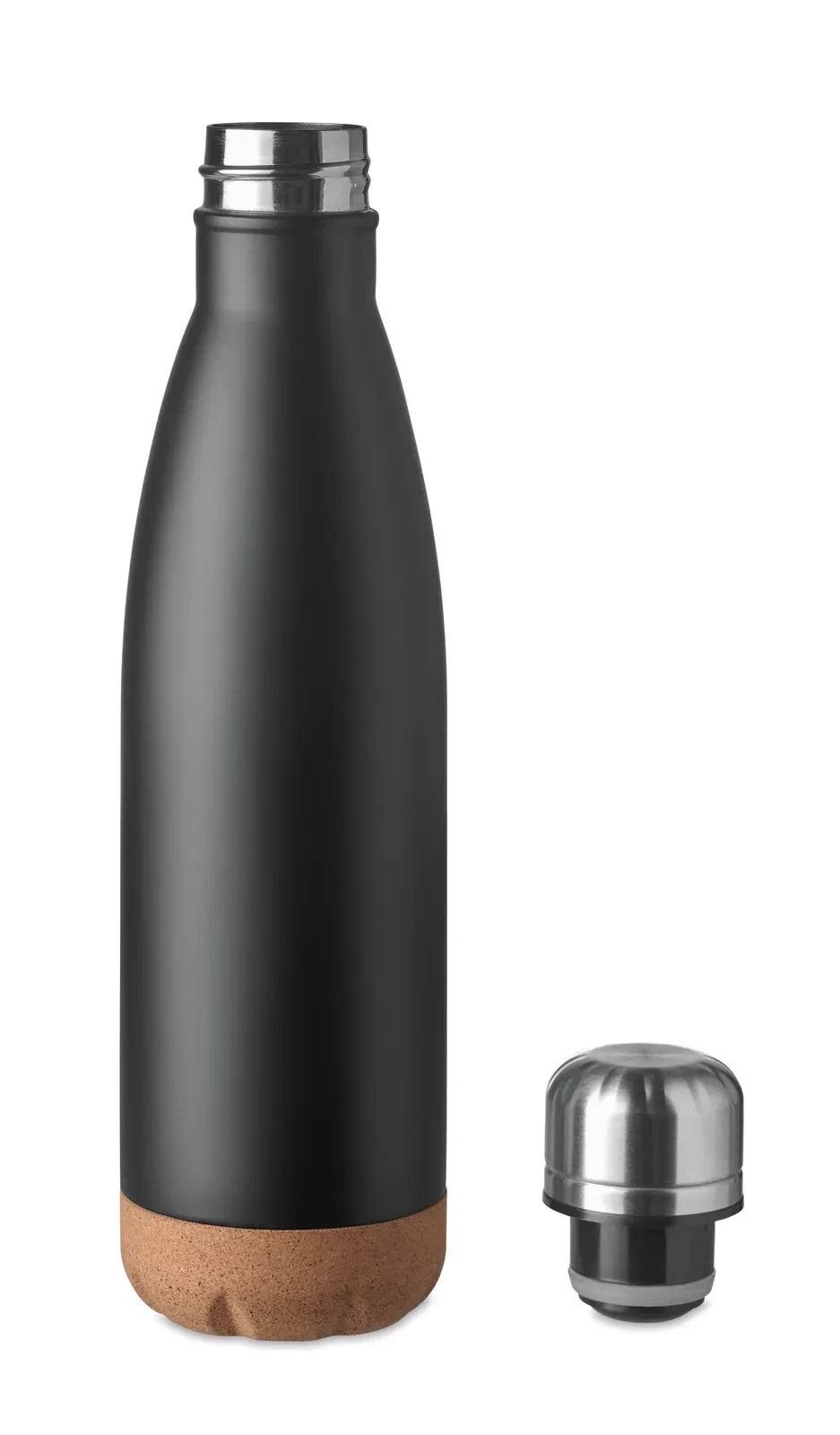 Aspen Cork – Double Wall Stainless Steel Vacuum Bottle with Cork Base Detail — Black