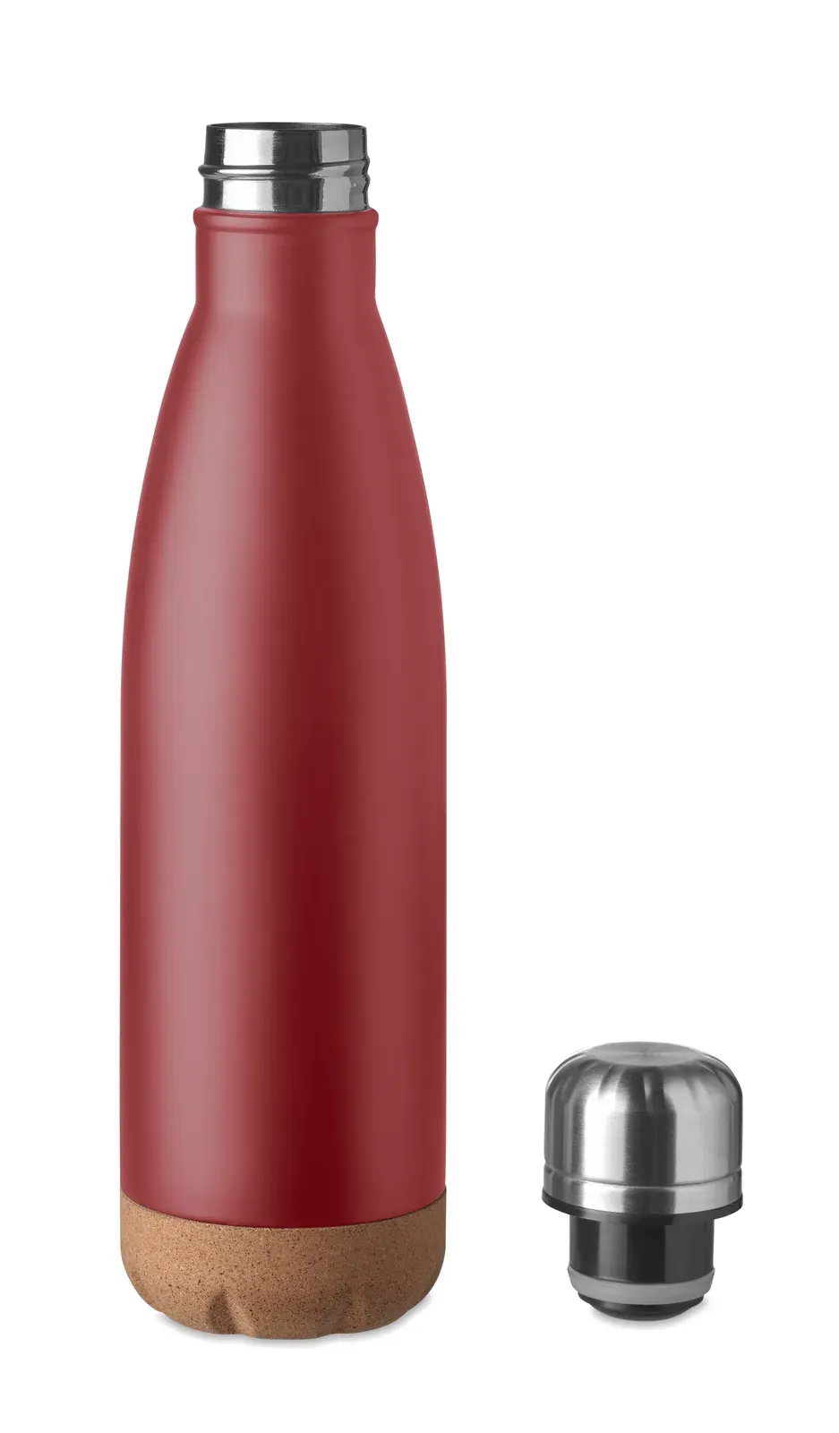 Aspen Cork – Double Wall Stainless Steel Vacuum Bottle with Cork Base Detail — Burgundy