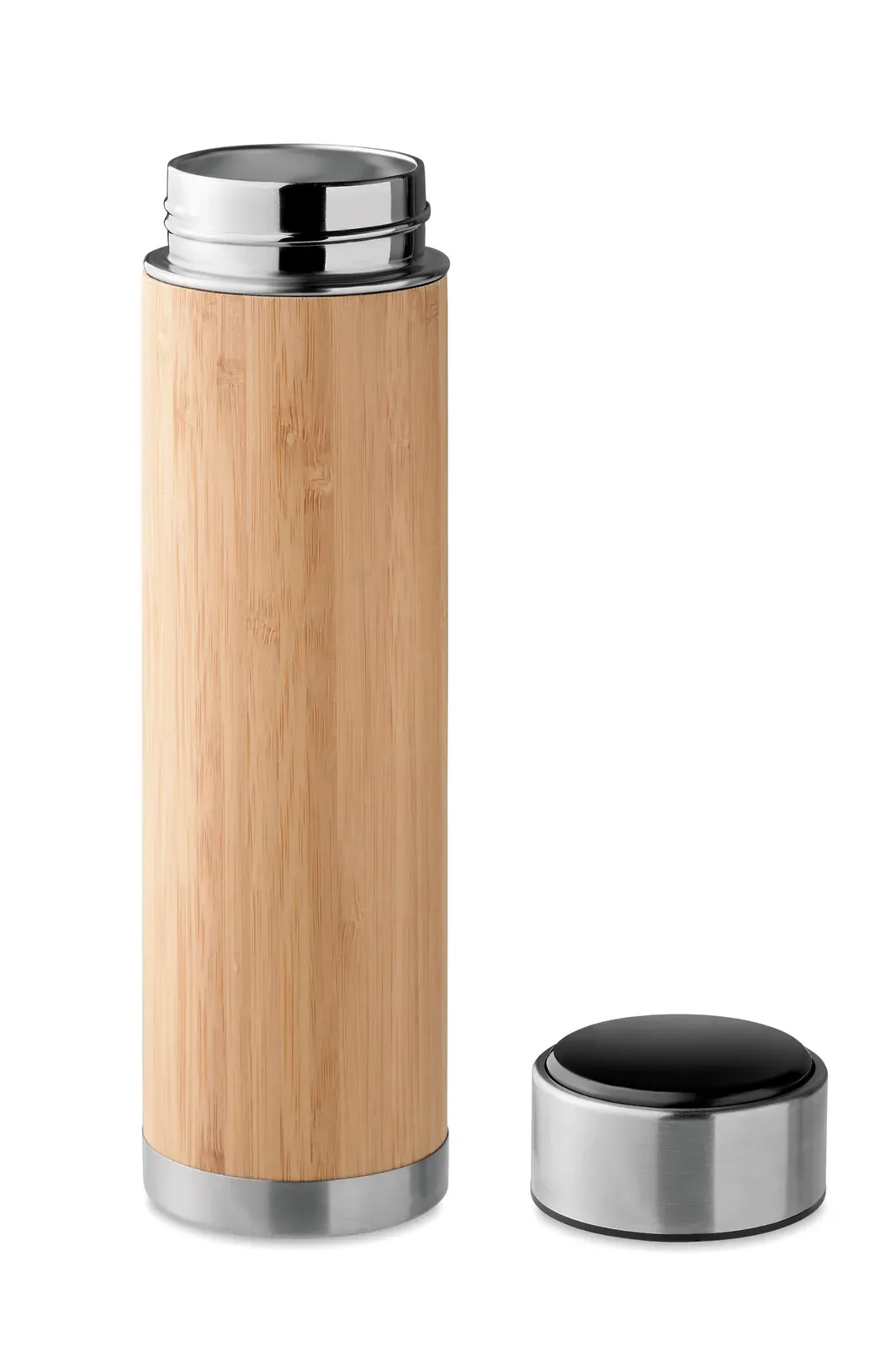 Panay – Double Wall Stainless Steel/bamboo Insulating Vacuum Flask with Tea Infuser Inside; Includes LED Touch Thermometer — Wood