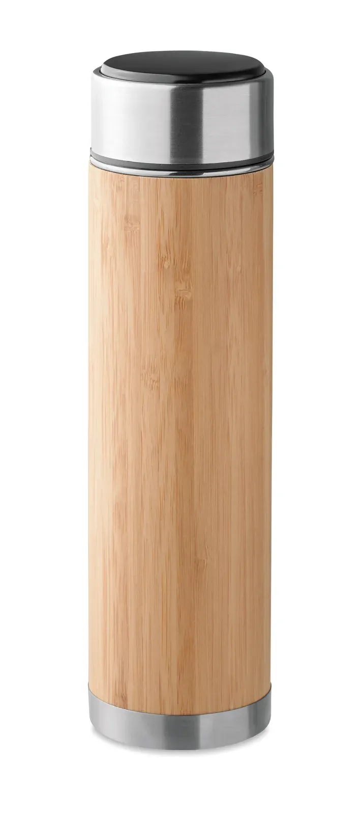 Panay – Double Wall Stainless Steel/bamboo Insulating Vacuum Flask with Tea Infuser Inside; Includes LED Touch Thermometer — Wood