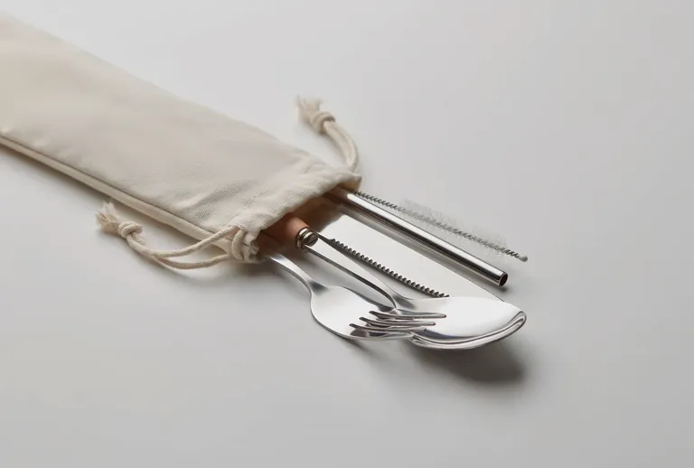Custa Set – Re-Usable Bamboo Cutlery Set in Canvas Pouch; Includes Knife, Fork, Spoon and Straw in Bamboo and Stainless Steel