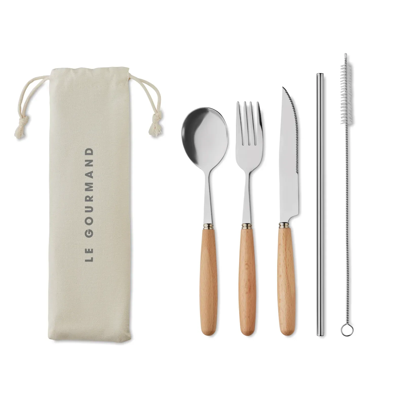 Custa Set – Re-Usable Bamboo Cutlery Set in Canvas Pouch; Includes Knife, Fork, Spoon and Straw in Bamboo and Stainless Steel — Beige