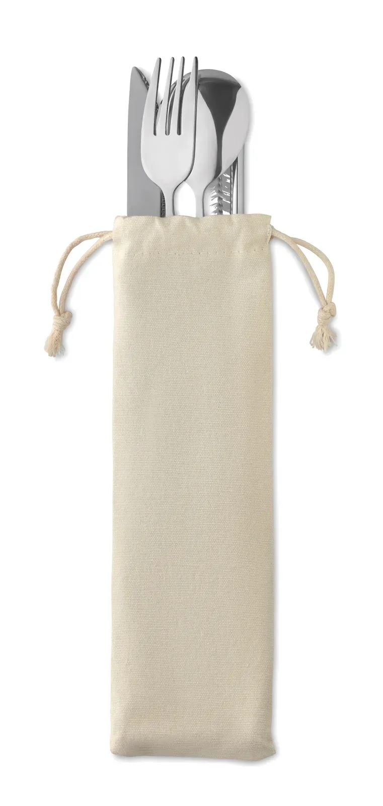 Custa Set – Re-Usable Bamboo Cutlery Set in Canvas Pouch; Includes Knife, Fork, Spoon and Straw in Bamboo and Stainless Steel — Beige
