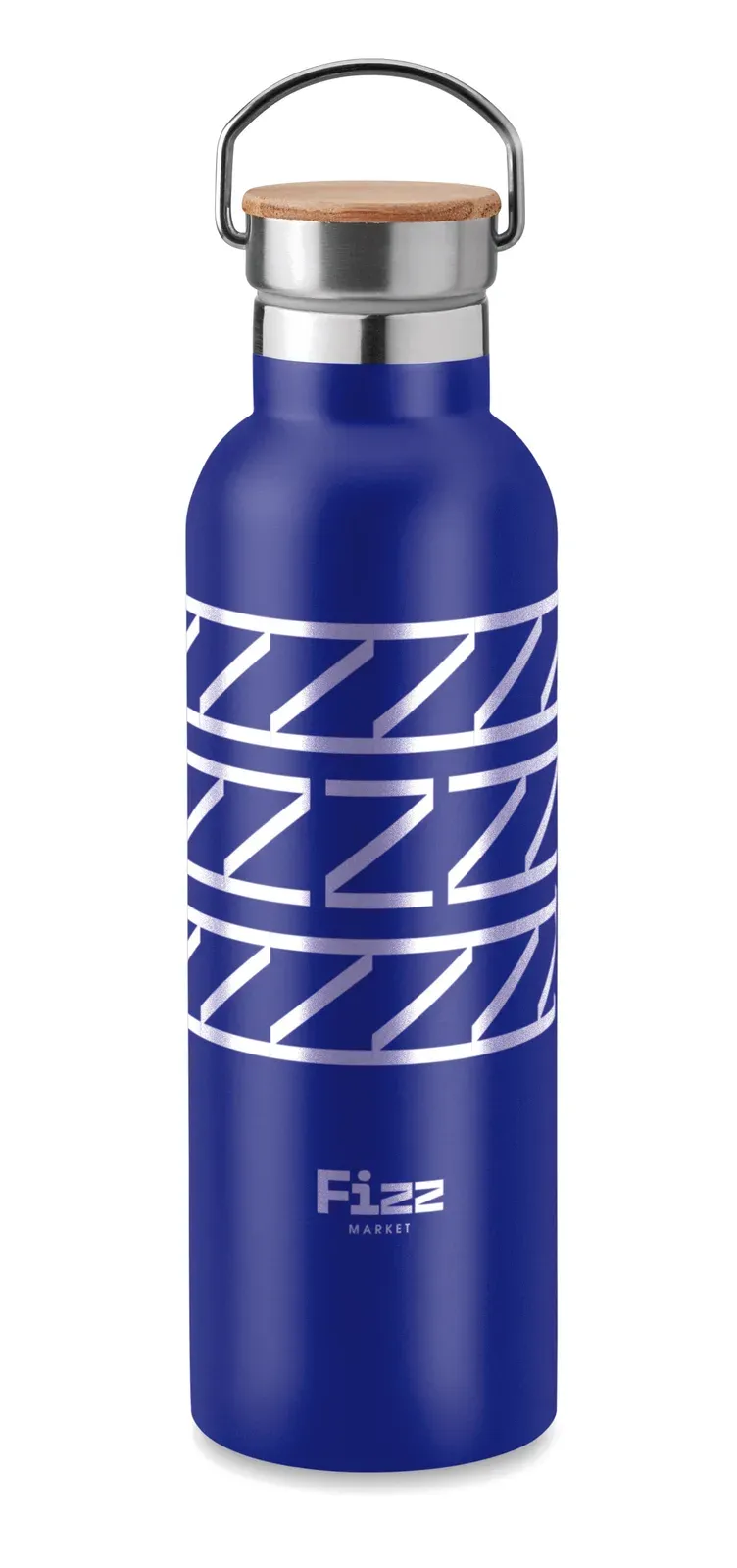 Helsinki Med – Double Wall Stainless Steel Insulating Vacuum Flask with Bamboo Lid and Carry Handle — Blue