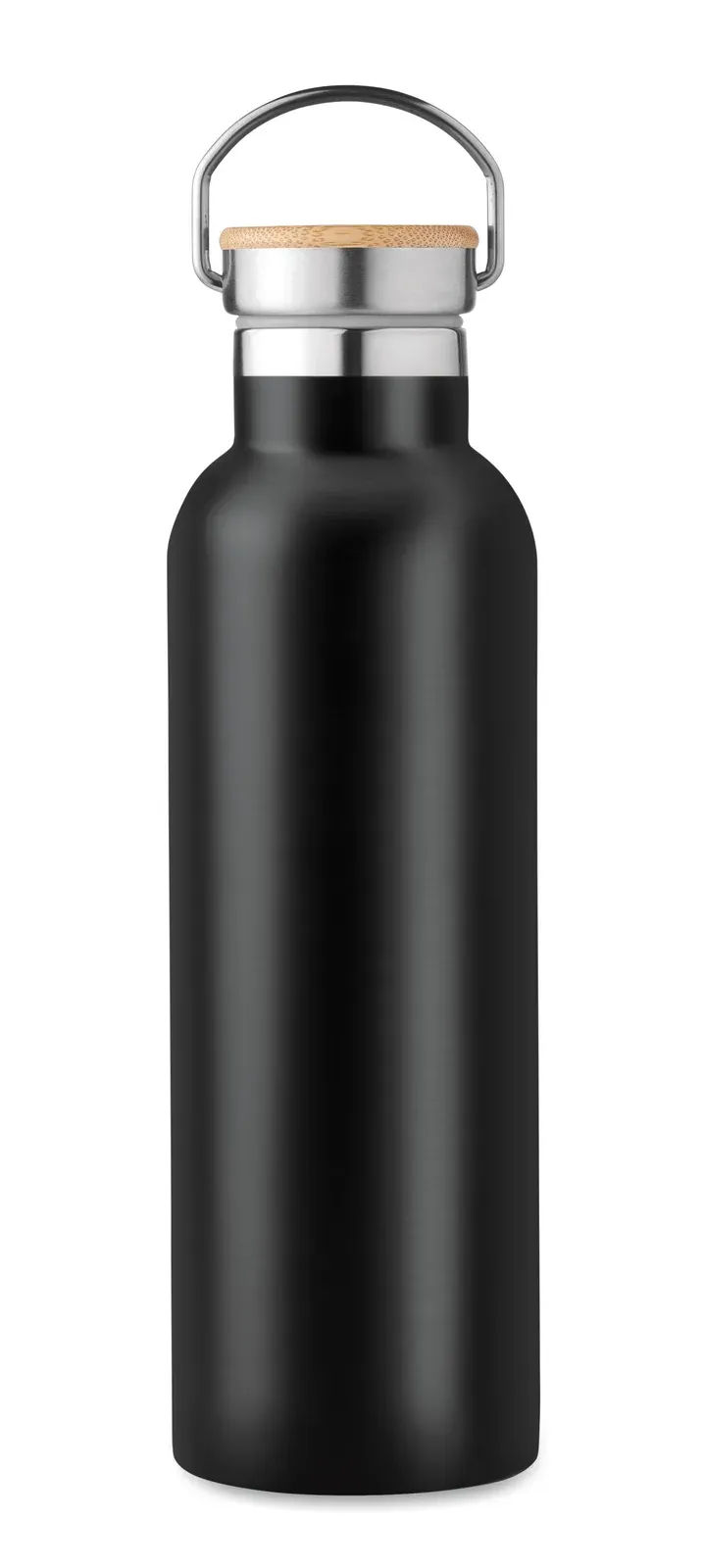 Helsinki Med – Double Wall Stainless Steel Insulating Vacuum Flask with Bamboo Lid and Carry Handle — Black