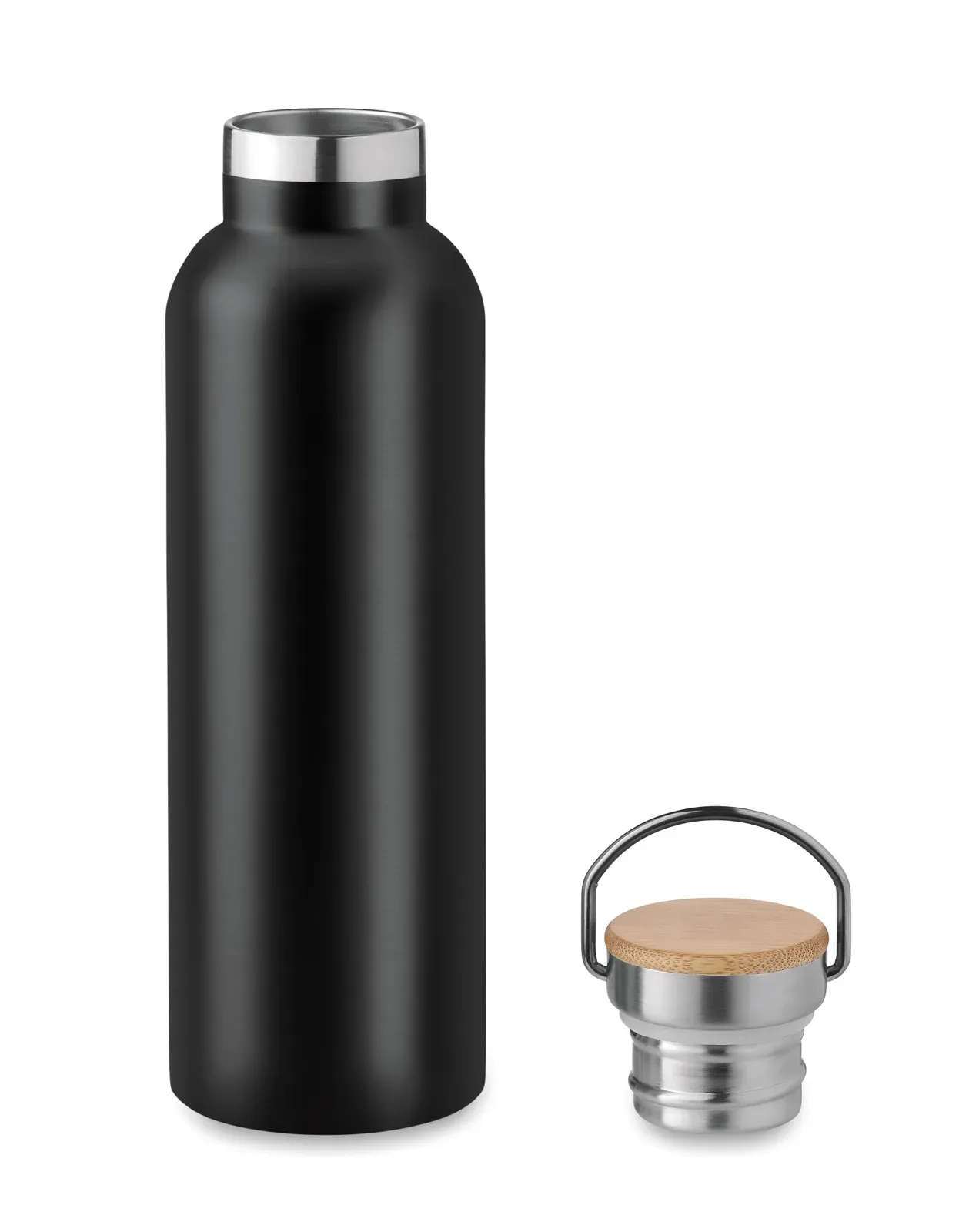 Helsinki Med – Double Wall Stainless Steel Insulating Vacuum Flask with Bamboo Lid and Carry Handle — Black