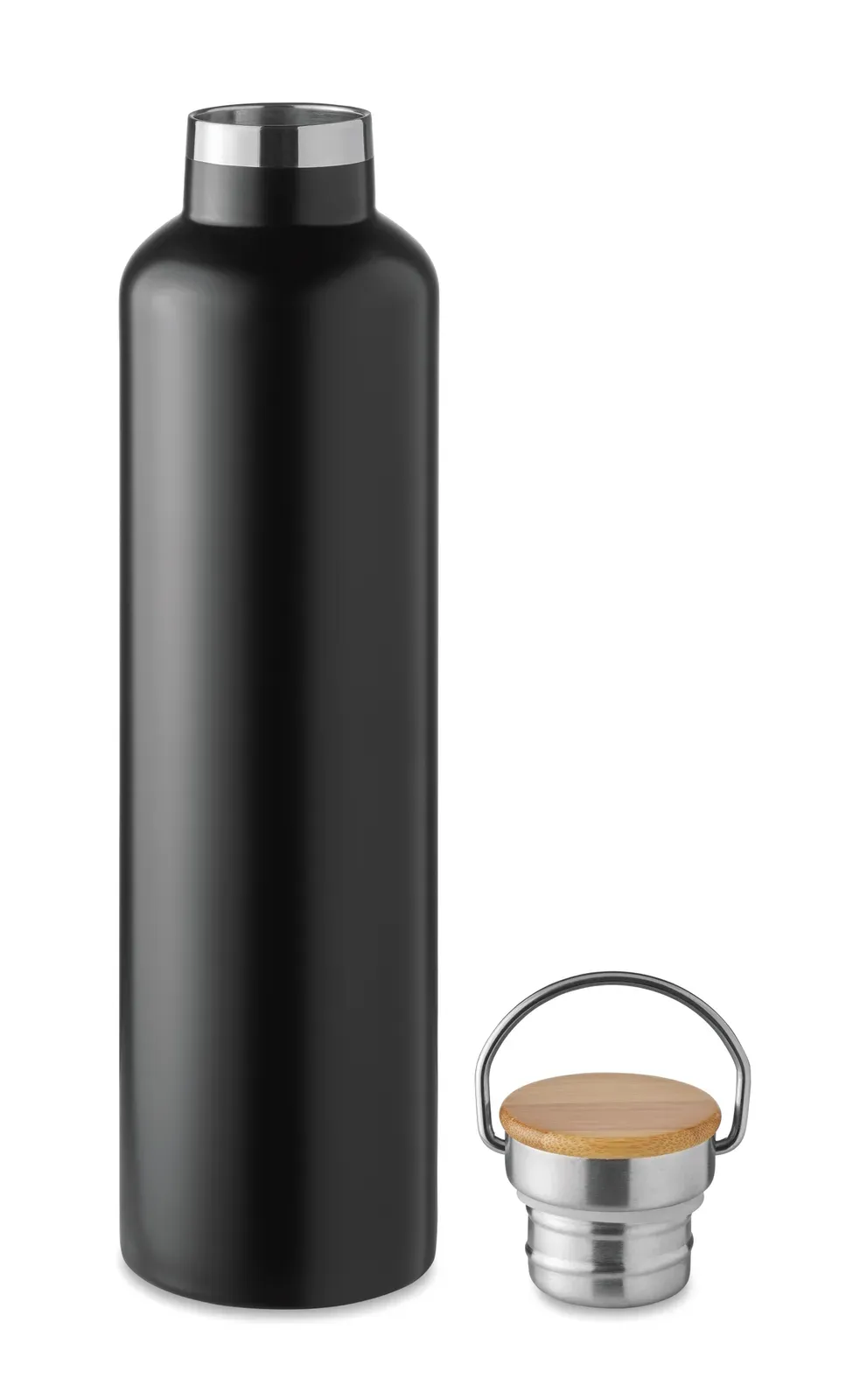 Helsinki Large – Double Wall Stainless Steel Insulating Vacuum Flask with Bamboo Lid and Carry Handle — Black