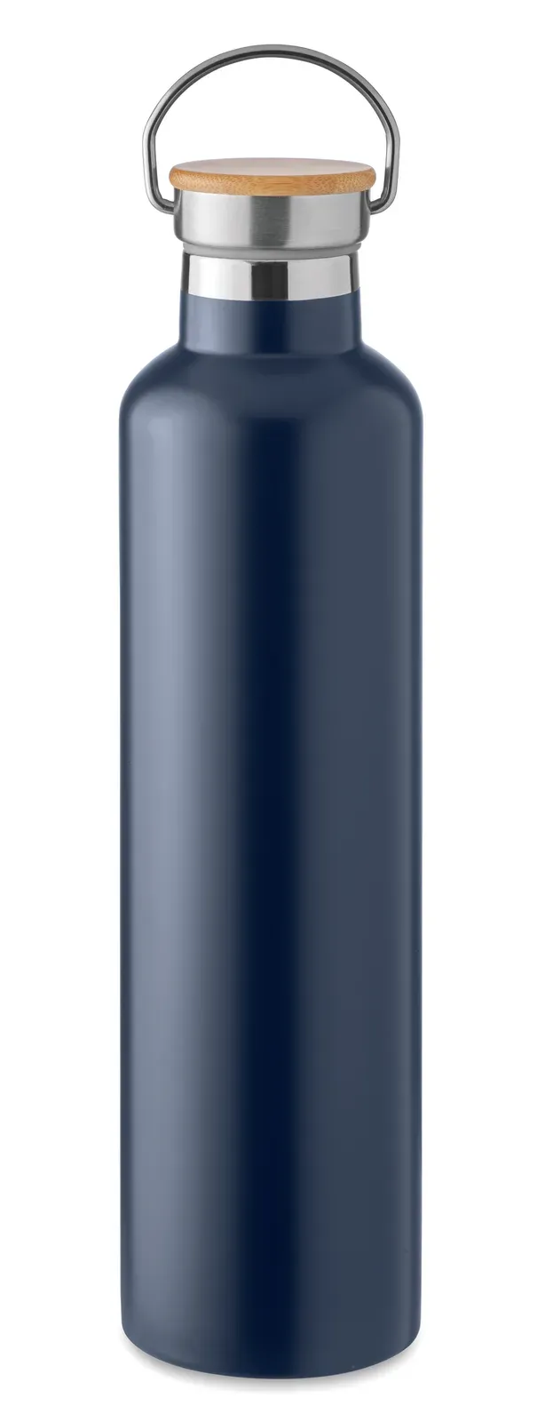 Helsinki Large – Double Wall Stainless Steel Insulating Vacuum Flask with Bamboo Lid and Carry Handle — French Navy