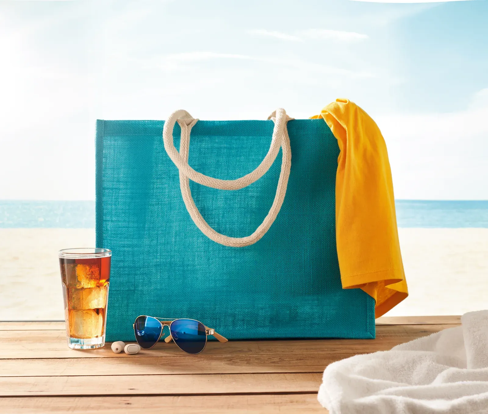 Cotton Beach Bag Aura with Short Handles 43X20X34 cm MO6443 Beach Bag — Turquoise