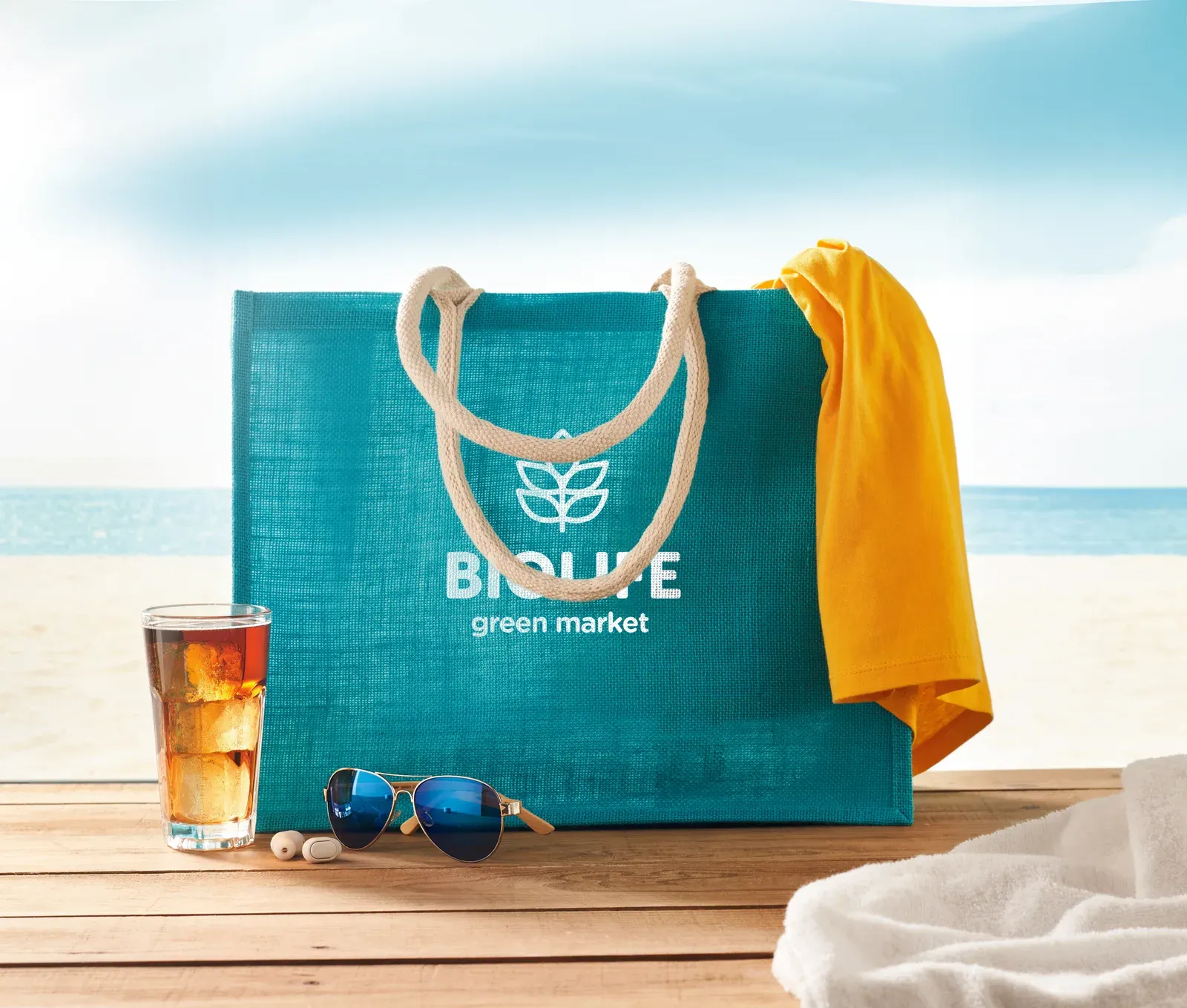 Cotton Beach Bag Aura with Short Handles 43X20X34 cm MO6443 Beach Bag — Turquoise