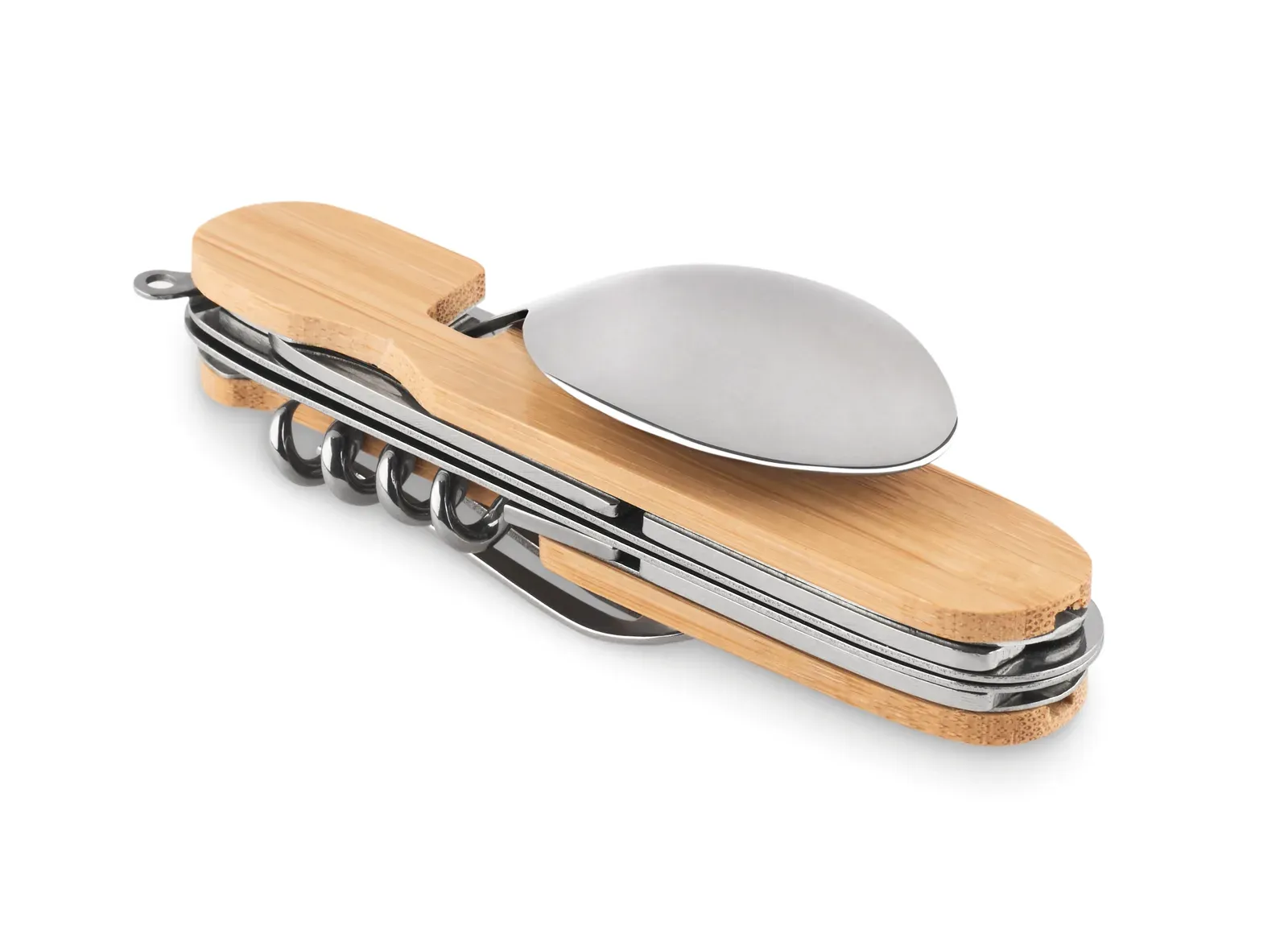 Subete – Metal Multi-Function Folding Camping Cutlery Set in Wooden Casing; 5 Functions; Includes Fork, Spoon, Can Opener — Wood