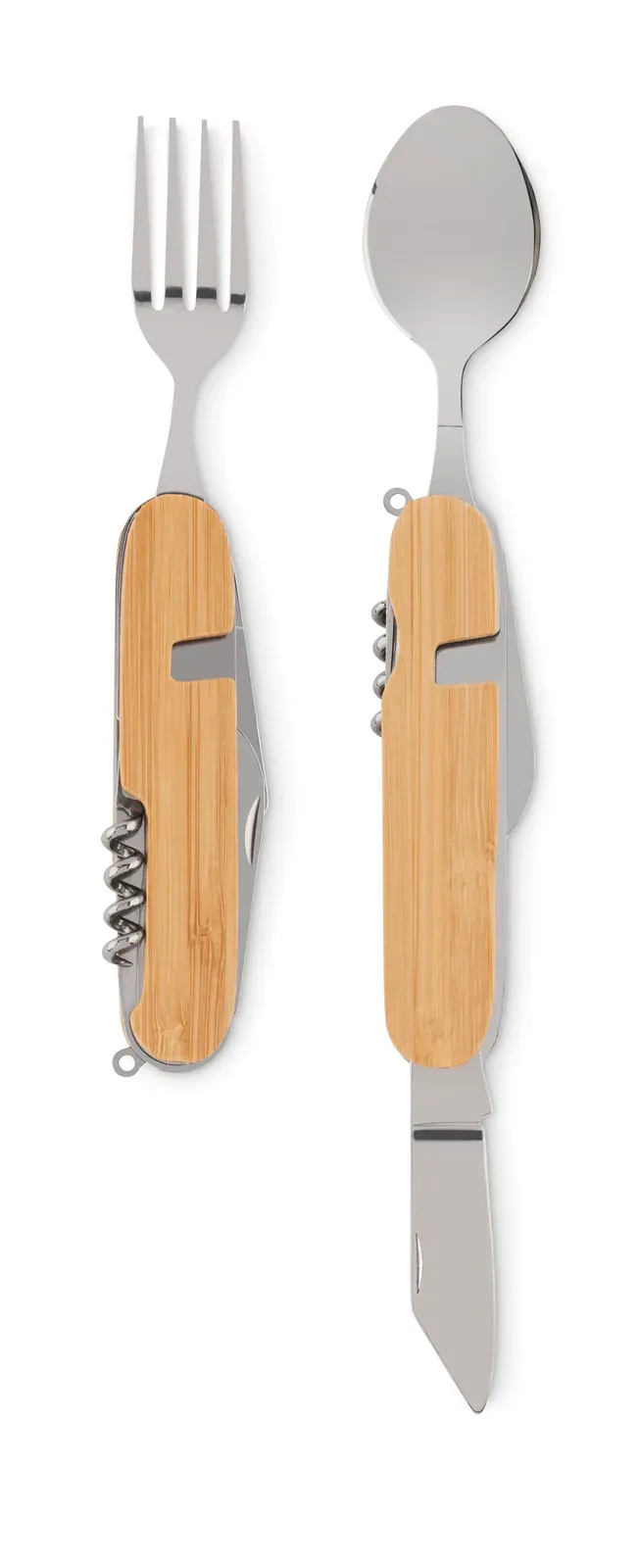 Subete – Metal Multi-Function Folding Camping Cutlery Set in Wooden Casing; 5 Functions; Includes Fork, Spoon, Can Opener — Wood
