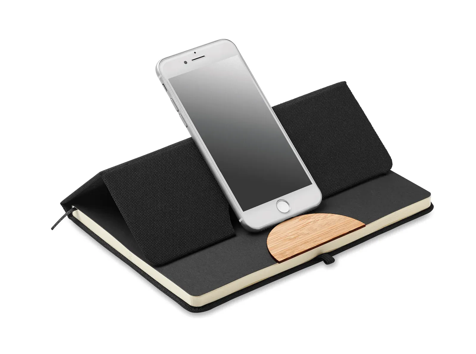 Blama A5 RPET Notebook with Bamboo Detail – Smartphone Stand & 160-Page FSC Refill — Black
