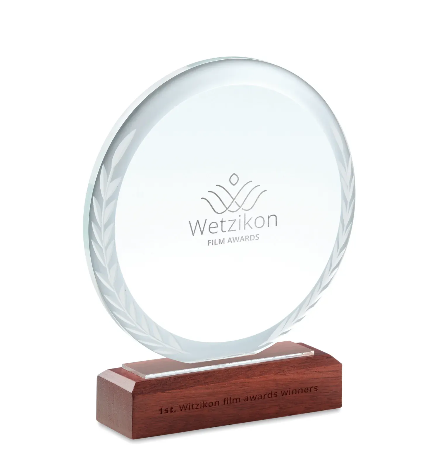 Keen Round Crystal Award Plaque – Beech Wood Base, Gift Boxed — Brown