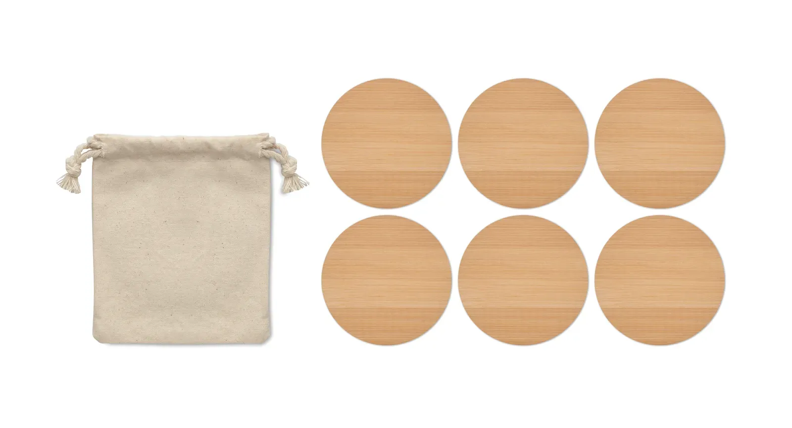 Bayin Set – Set of 6 Round Bamboo Coasters Presented in a Cotton Drawcord Bag — Wood