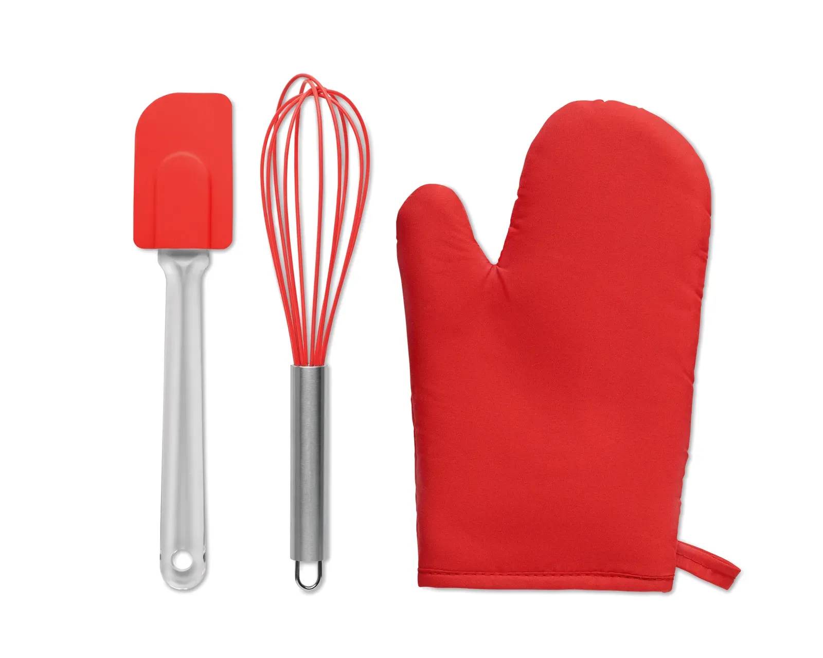 Dateki – Baking Utensils Set; Including a Polycotton Oven Glove, Whisk and Spatula in Silicone — Red
