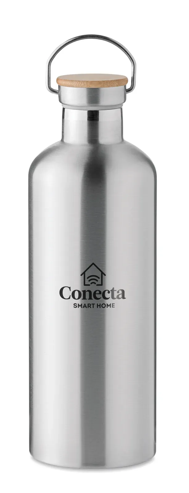 Helsinki Extra – Double Wall Stainless Steel Insulating Vacuum Flask with Lid in Bamboo and Carry Handle — Matt Silver