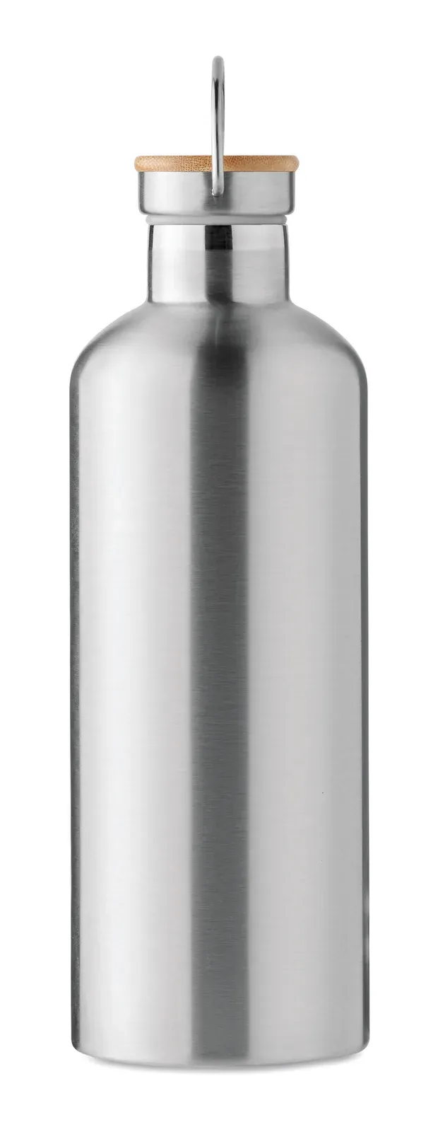 Helsinki Extra – Double Wall Stainless Steel Insulating Vacuum Flask with Lid in Bamboo and Carry Handle — Matt Silver