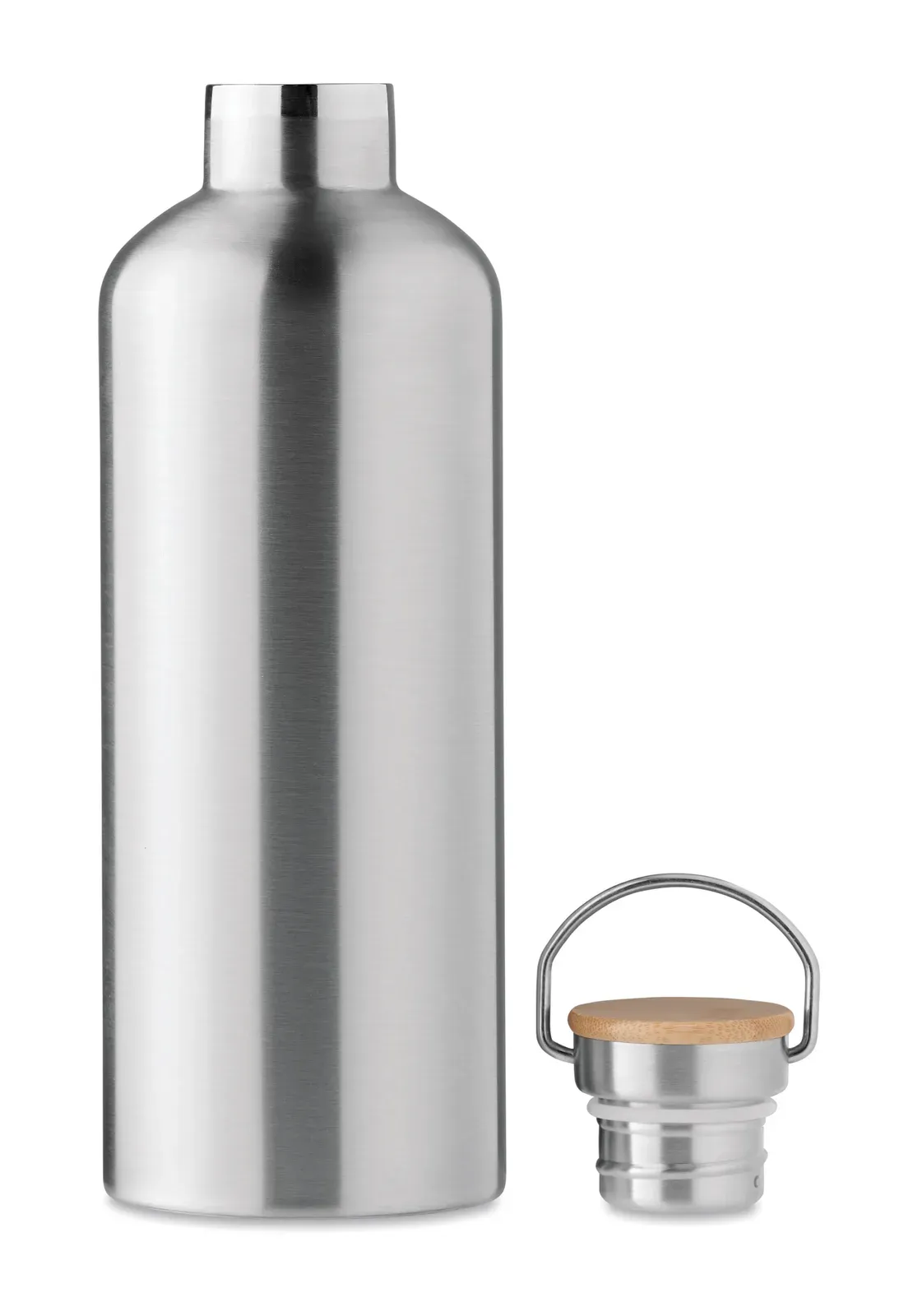 Helsinki Extra – Double Wall Stainless Steel Insulating Vacuum Flask with Lid in Bamboo and Carry Handle — Matt Silver