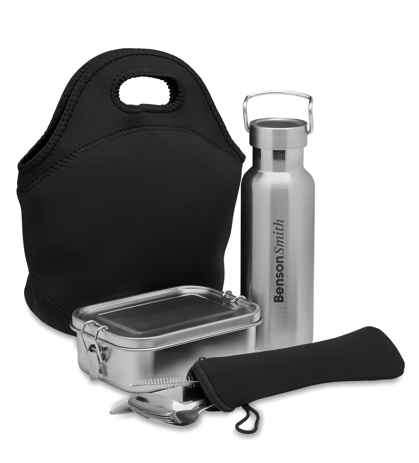 Ily – Lunch Set Presented in Neoprene Bag; Including Double Wall Stainless Steel Vacuum Bottle — Black