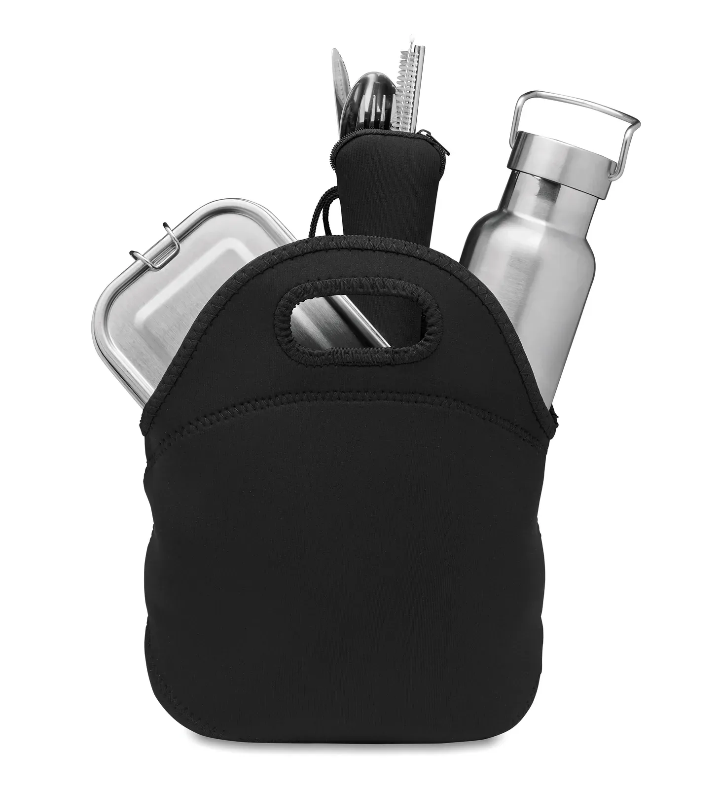 Ily – Lunch Set Presented in Neoprene Bag; Including Double Wall Stainless Steel Vacuum Bottle — Black