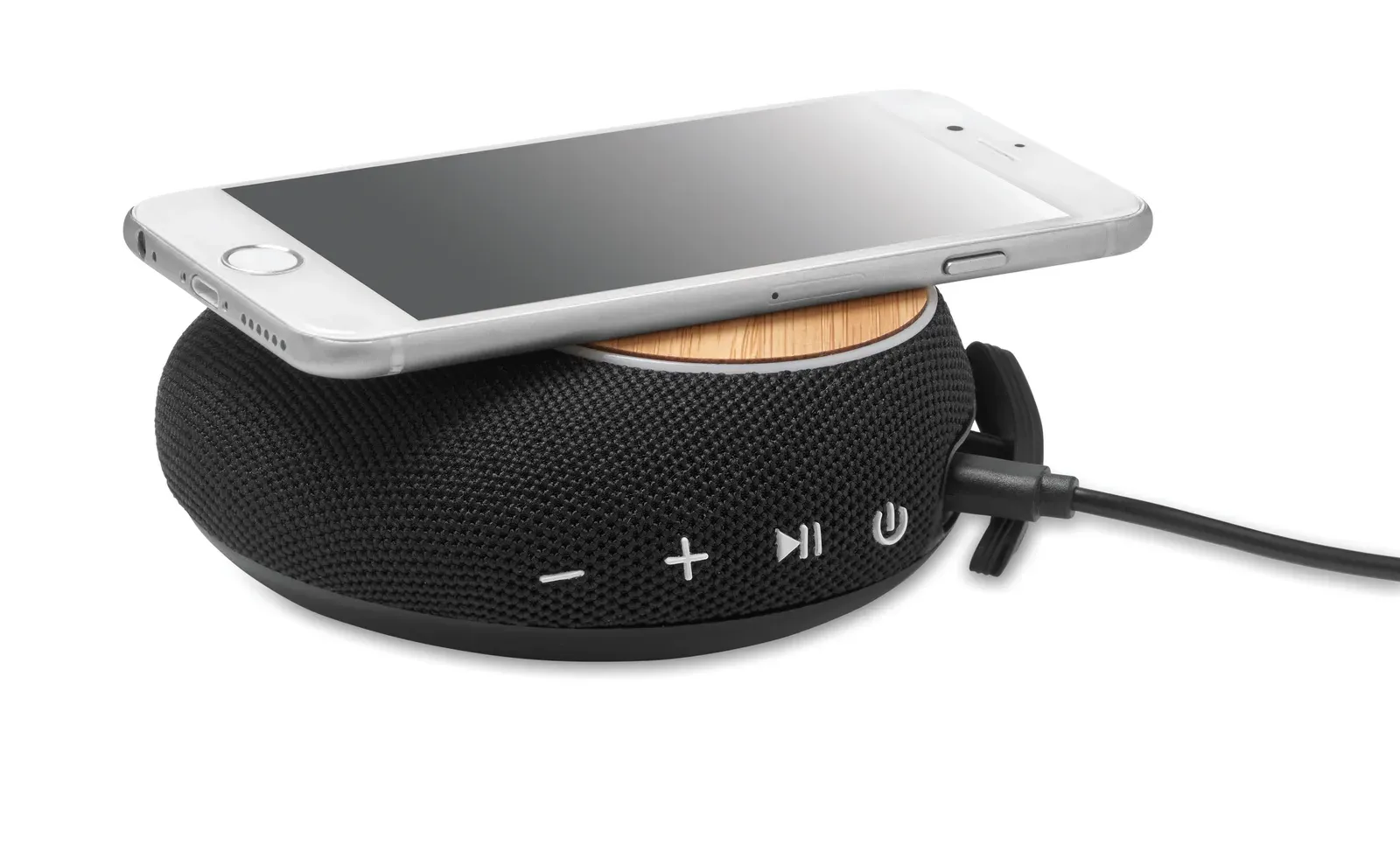 Flare 5.3 Wireless Speaker with 10W Charger – RPET Fabric & Bamboo Top — Black
