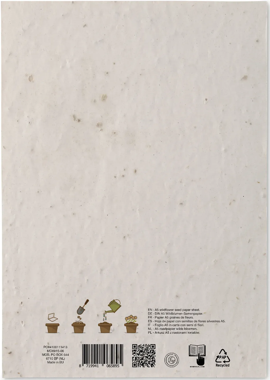 Aside A5 Wildflower Seed Paper Sheet – Recycled, EU-Made — White