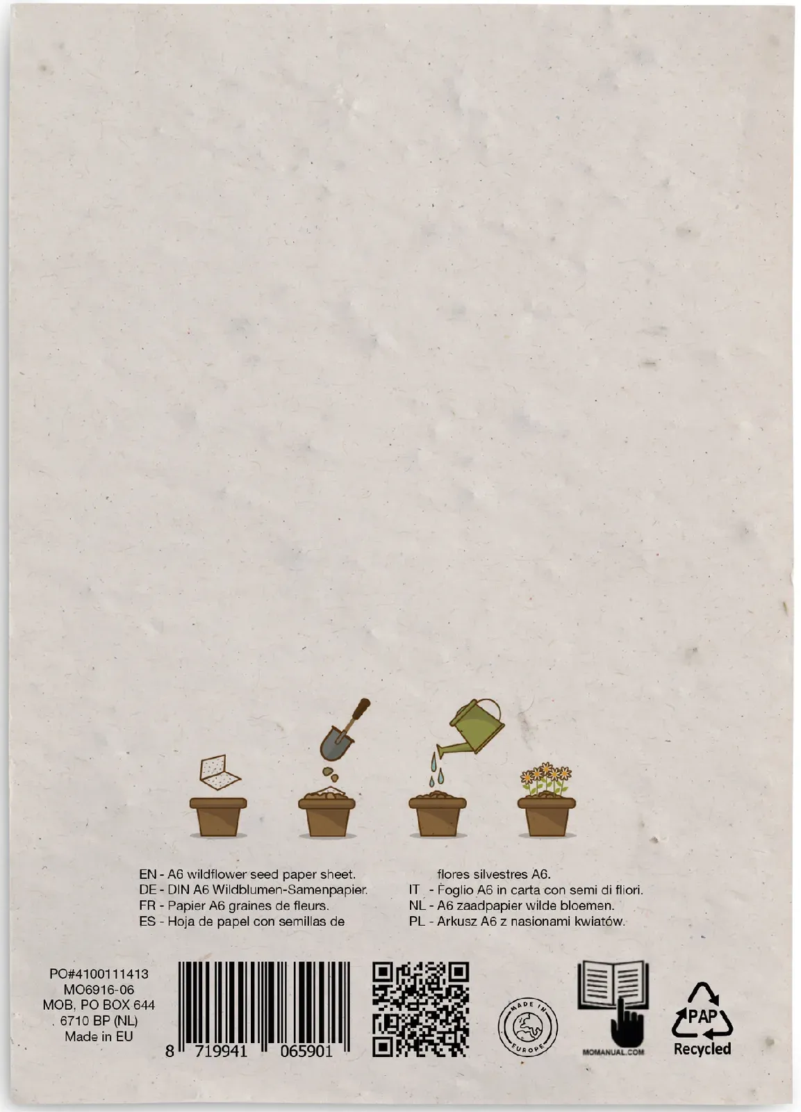 Asido A6 Wildflower Seed Paper Sheet – Recycled, EU-Made — White