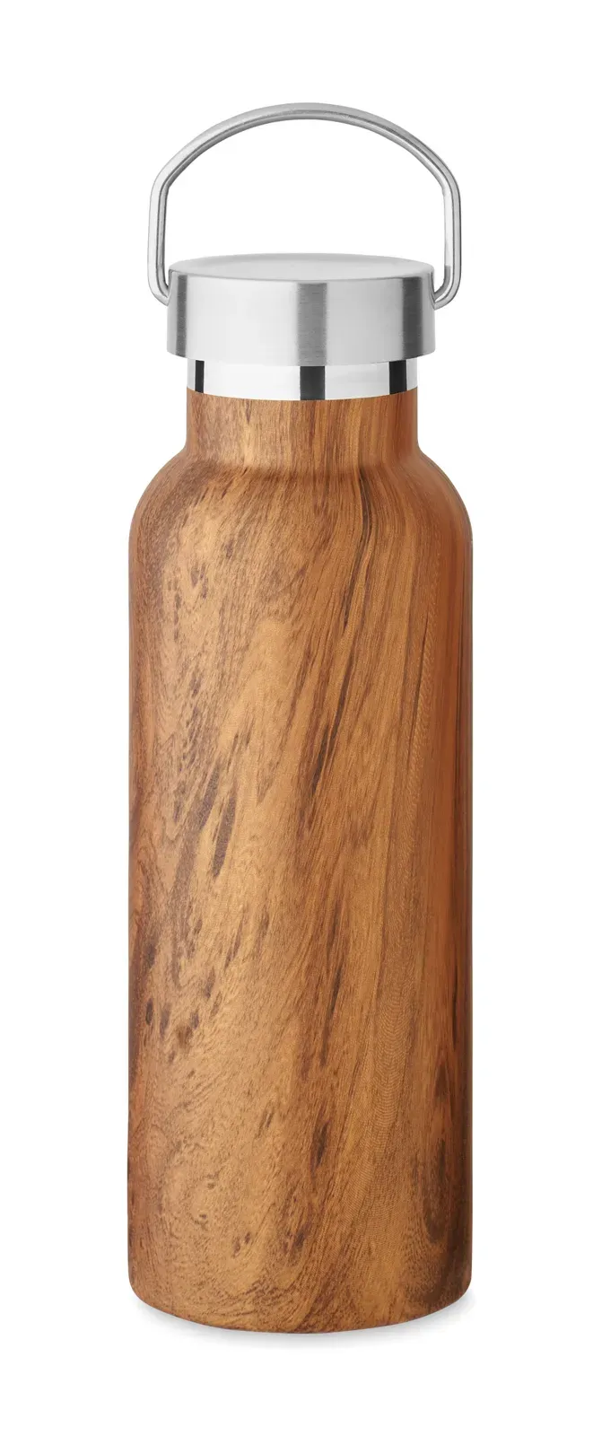 Namib Bottle – Double Wall Vacuum Insulated Flask in Recycled Stainless Steel, the Lid Has a Carry Handle and a Cork Detail Base — Brown