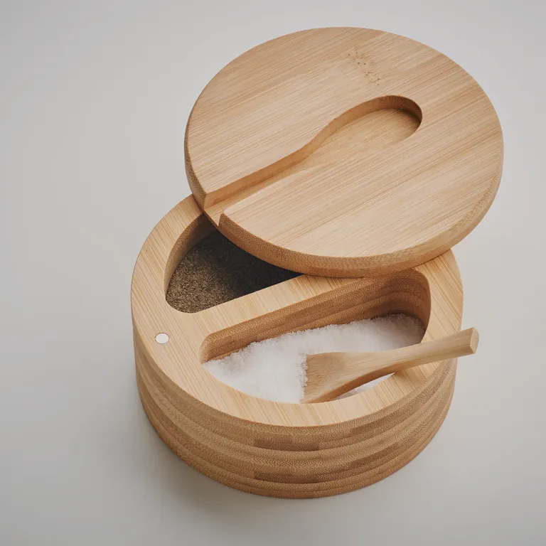 S&p – Salt and Pepper Box in Bamboo with Built in Serving Spoon; Two Compartments; Twist Opening Lid