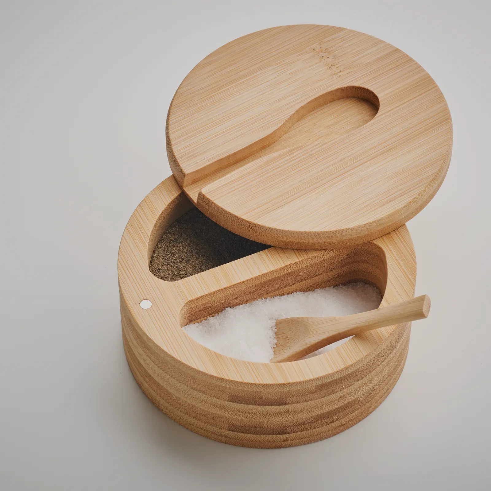 S&p – Salt and Pepper Box in Bamboo with Built in Serving Spoon; Two Compartments; Twist Opening Lid
