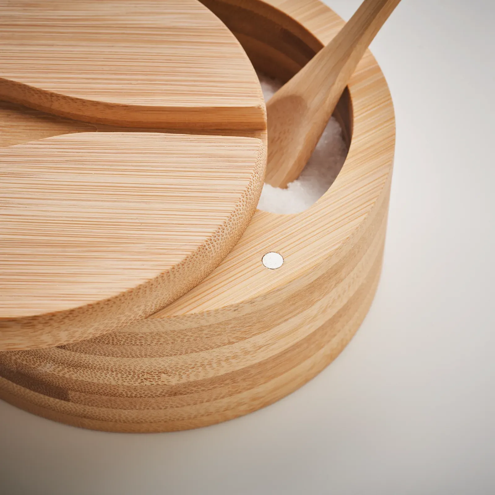 S&p – Salt and Pepper Box in Bamboo with Built in Serving Spoon; Two Compartments; Twist Opening Lid — Wood